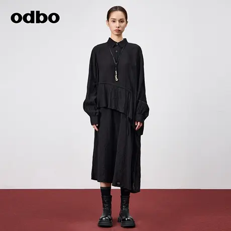 odbo/欧迪比欧优雅气质POLO领连衣裙女夏季荷叶边拼接气质复古裙图片