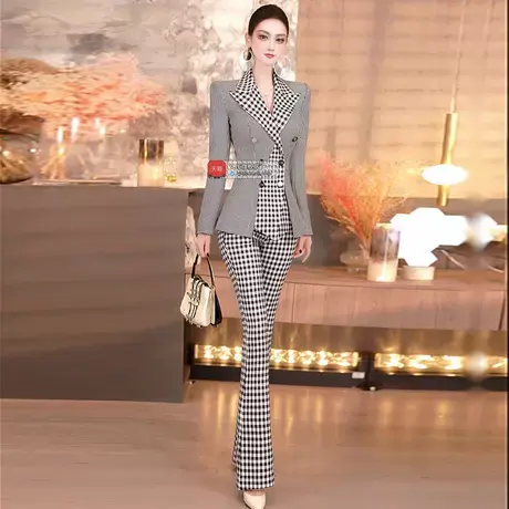 春季千鸟格假两件撞色西装喇叭裤两件套2025新款女王范商务套装图片