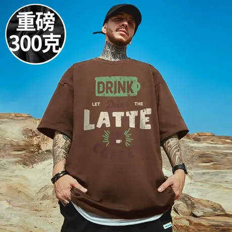 100%纯棉300g重磅美式字母宽松T恤短袖加肥加大码男装胖子半截袖商品大图
