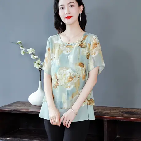 夏季女士上衣2023新款宽松显瘦洋气妈妈装气质减龄设计感短袖雪纺图片