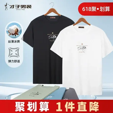 才子男装休闲短袖T恤男士2025夏季新款简约透气刺绣圆领半袖上衣商品大图
