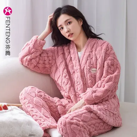 芬腾珊瑚绒睡衣女款秋冬款冬季加绒加厚保暖套装可爱法兰绒家居服商品大图