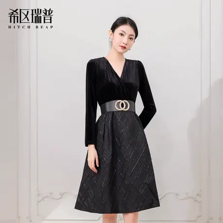 希区瑞普2025新款时尚气质优雅V领丝绒拼接腰带显瘦百搭连衣裙商品大图