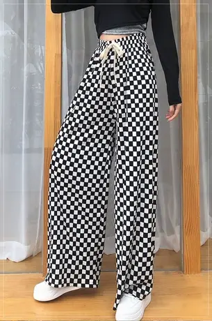冰丝阔腿裤女垂感宽松直筒休闲格子夏季薄款显瘦卫裤小个子运动裤图片