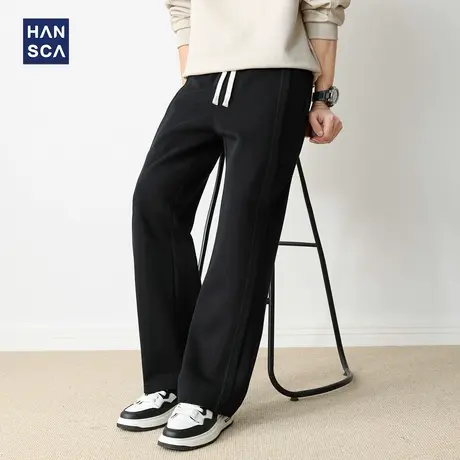 hansca街头潮牌拼接阔腿卫裤男2025秋季新款宽松直筒通勤黑色长裤商品大图