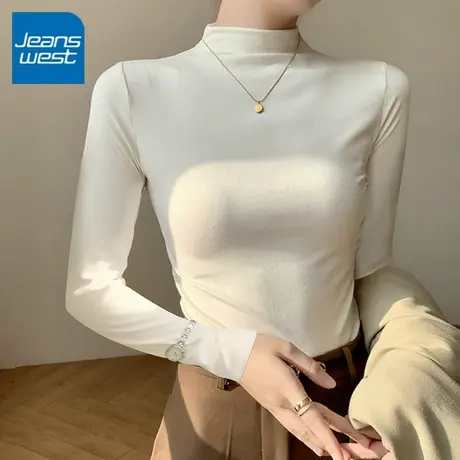 KV真维斯杏色半高领薄绒打底衫女2025新款秋冬季加绒保暖修身上衣商品大图