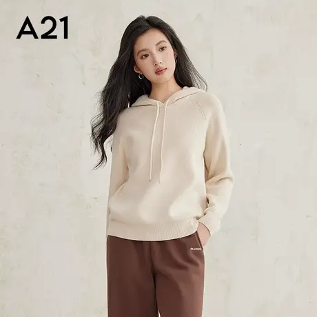 A21女装宽松连帽落肩套头毛衫针织套头衫时尚保暖带帽毛衣商品大图