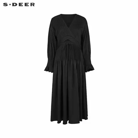 sdeer圣迪奥秋装女装V领风琴褶拼接长袖连衣裙S233Z12V4图片