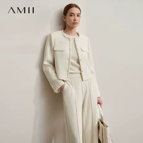 Amii2025秋新款优雅复古新中式盘扣粗花呢香风外套女垫肩短款上衣商品大图