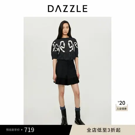 DAZZLE地素奥莱 休闲裤秋季女装黑色复古优雅褶饰拼接短裤商品大图