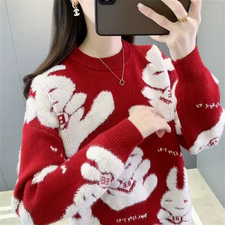 本命年时尚加厚红色毛衣女秋冬宽松外穿兔年新款洋气显瘦打底上衣商品大图