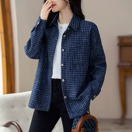 妈妈格子外套衬衫女春秋季新款宽松加大码女装洋气遮肚显瘦上衣服商品大图