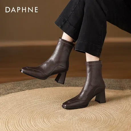 达芙妮高跟短靴女2026新款冬季复古粗跟法式弹力瘦瘦靴加绒马丁靴图片