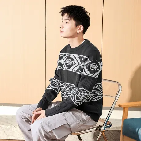 唐狮冬季新款男毛衣复古几何提花慵懒风商务休闲男款毛衫潮流TD商品大图