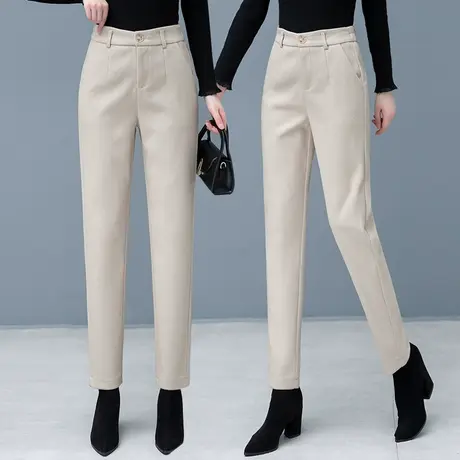 不规则毛呢哈伦裤女2023秋冬新款高腰显瘦烟管裤冬季保暖直筒裤子商品大图