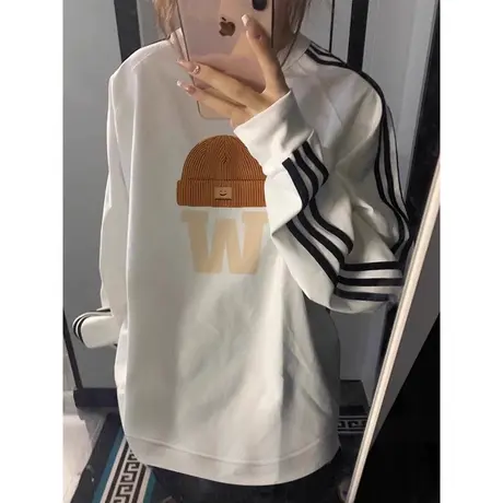 侧边条纹圆领无帽卫衣女秋冬季加绒加厚宽松插肩袖上衣ins潮百搭商品大图