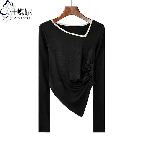 秋冬新款斜领拼接撞色纯棉修身短款纯欲不规则褶皱长袖体恤上衣女图片