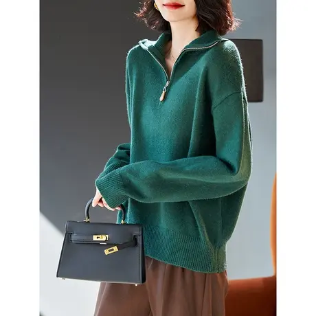 宝诗黎拉链半开领宽松套头毛衣女秋冬落肩长袖慵懒针织衫2023新款图片