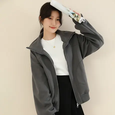 新品8.5折】宽松休闲深灰开衫卫衣女加绒加厚运动夹克外套图片
