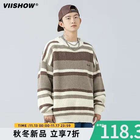 VIISHOW撞色条纹毛衣男生2023春秋冬新款复古粗针宽松潮流针织衫商品大图