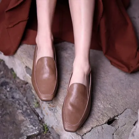 Artmu阿木2023新款黑色小皮鞋女一脚蹬乐福鞋方头单鞋平底女鞋商品大图