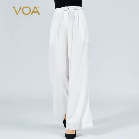 VOA茶白色双层乔其纱桑蚕丝黑色拱针对丝工艺自然腰真丝阔腿裤商品大图