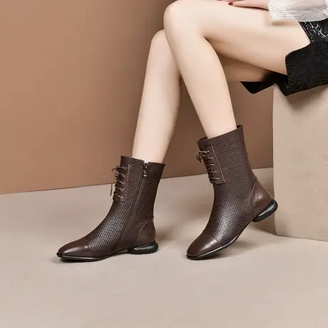 靴子女2023新款中筒靴秋冬季平跟短靴时尚加绒方头粗跟真皮马丁靴商品大图