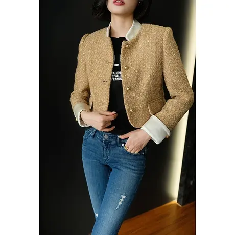 23法式复古小香风气质立领撞色粗花呢拼接衬衣袖女士短外套上衣女图片