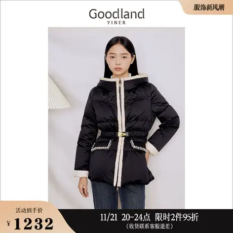 [名媛小香风]Goodland美地女装2023冬季白鸭绒X型收腰羽绒服商品大图