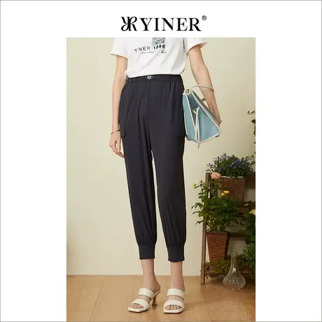 YINER音儿专柜女装2022夏季新款藏蓝哈伦裤修身薄款休闲裤商品大图