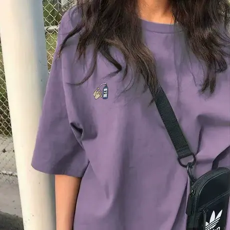 紫色t恤女装短袖2023新款夏季日系温柔韩风chic上衣宽松刺绣ins潮图片