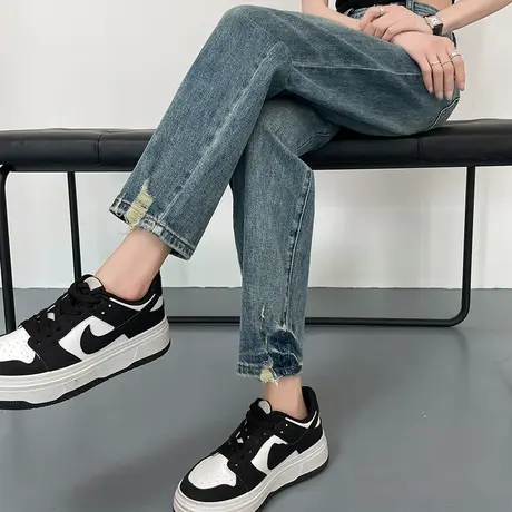 破洞牛仔裤女春秋2024年新款宽松高腰显瘦萝卜九分直筒哈伦裤子女商品大图