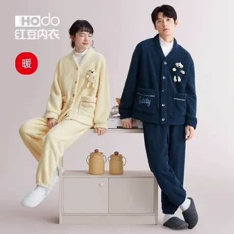 红豆情侣睡衣秋冬季家居服男士加绒加厚珊瑚绒女士保暖居家服套装商品大图