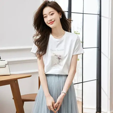 时尚气质纯棉T恤短袖2023年夏季新款女士简约宽松显瘦通勤上衣商品大图