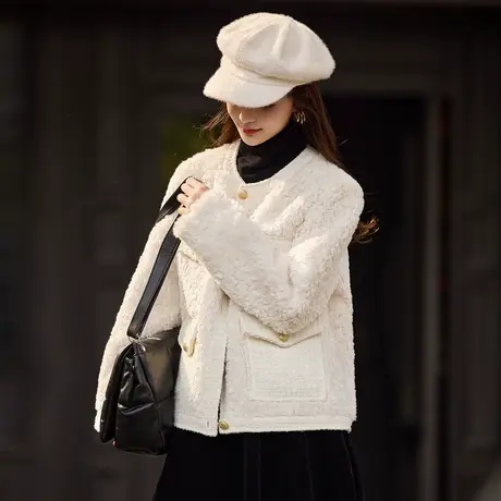 时尚气质外套2023年冬季新款女圆领小香风温柔百搭短款皮草上衣商品大图