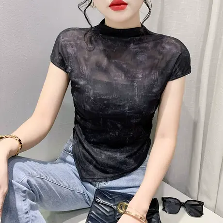 性感网纱短款上衣女2024夏季新款洋气辣妹小衫不规则开叉印花T恤图片