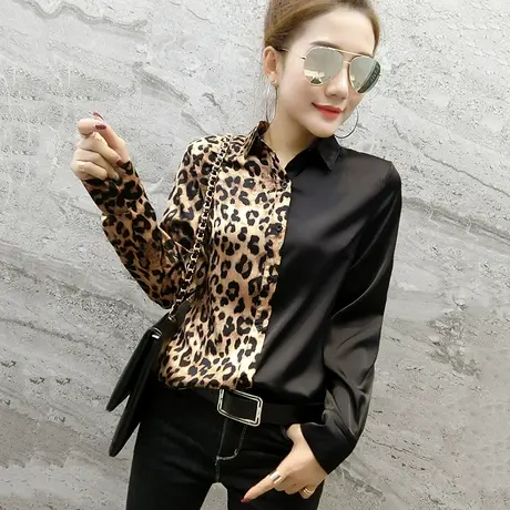 2024春秋新款时尚豹纹拼接衬衫女设计感气质长袖上衣显瘦拼色衫衣图片