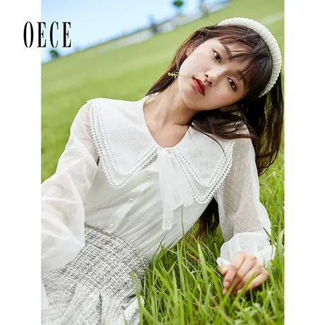 Oece秋装新款 法式甜美减龄娃娃领上衣长袖雪纺衫衬衫商品大图