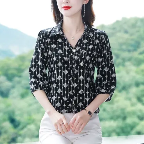 衬衫女夏季2023新款洋气碎花短袖衬衣遮肚显瘦漂亮中袖雪纺女上衣图片