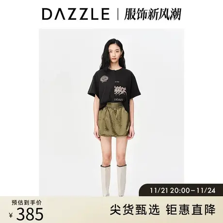 DAZZLE地素奥莱 春季黑色小众不对称设计感复古印花短袖T恤女图片
