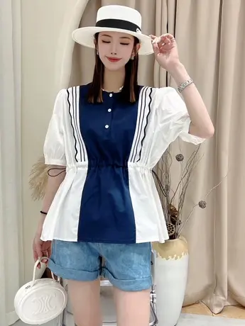 拼色衬衫女2023夏季新款时尚套头短袖撞色收腰显瘦高品质休闲小衫商品大图