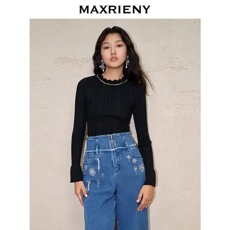 MAXRIENY极简复古感珍珠波浪领套头针织毛衫上衣高级气质感女装商品大图