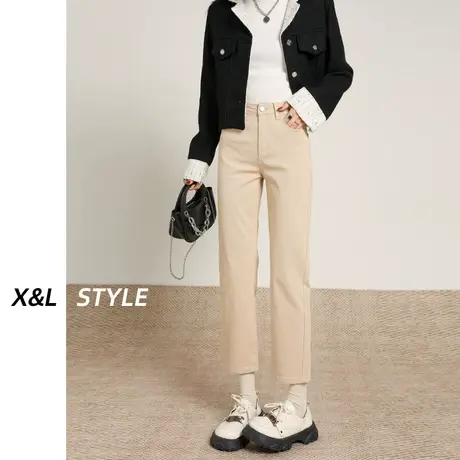 米白色高腰直筒牛仔裤女秋冬季2023新款爆款修身窄版阔腿烟管裤子商品大图