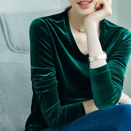 雀后秋装新款金丝绒长袖T恤女洋气显瘦V领绿色打底衫内搭chic上衣商品大图