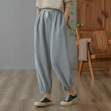 dza 高腰显瘦灰色卫裤女士春秋运动长裤宽松哈伦裤纯棉直筒休闲裤图片