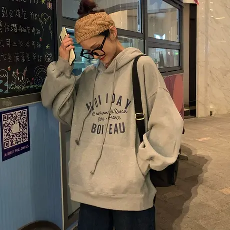 waitmore卫衣chic港风女秋冬百搭宽松韩版潮ins上衣加绒加厚外套商品大图