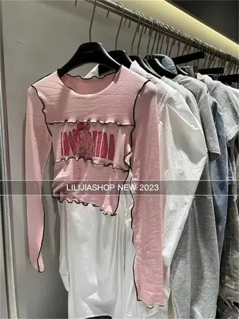 辣妹修身t恤女2023春夏设计感印花长袖显瘦时尚洋气打底衫上衣潮商品大图