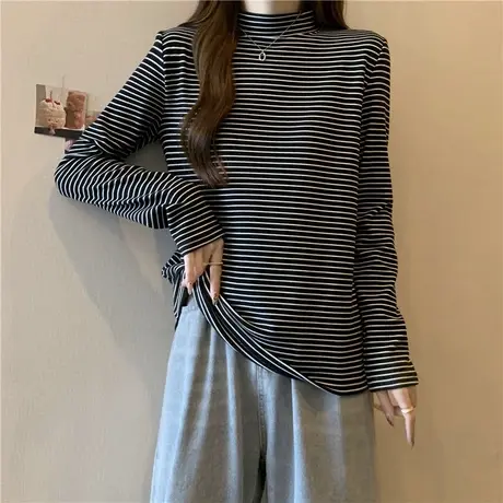 加绒加厚半高领打底衫女内搭秋冬德绒上衣洋气减龄条纹长袖T恤潮商品大图