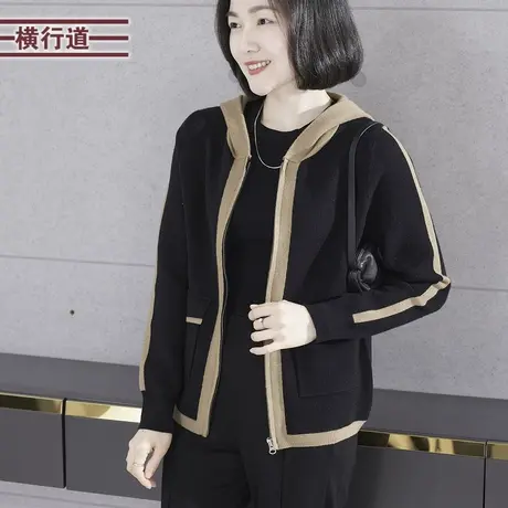 2024春季韩版连帽拉链撞色口袋宽松长袖毛衣外套女大码外穿妈妈商品大图
