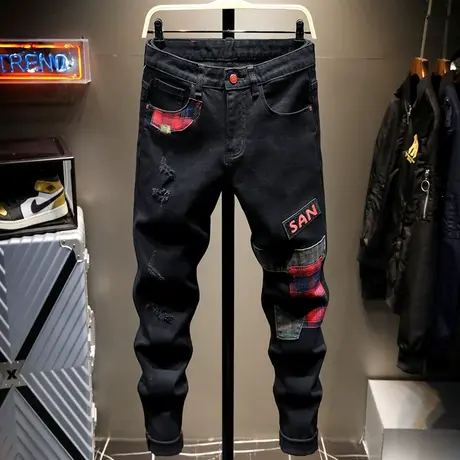 秋冬季潮牌黑色破洞牛仔裤男补丁男士休闲长裤子男乞丐裤韩版潮流商品大图
